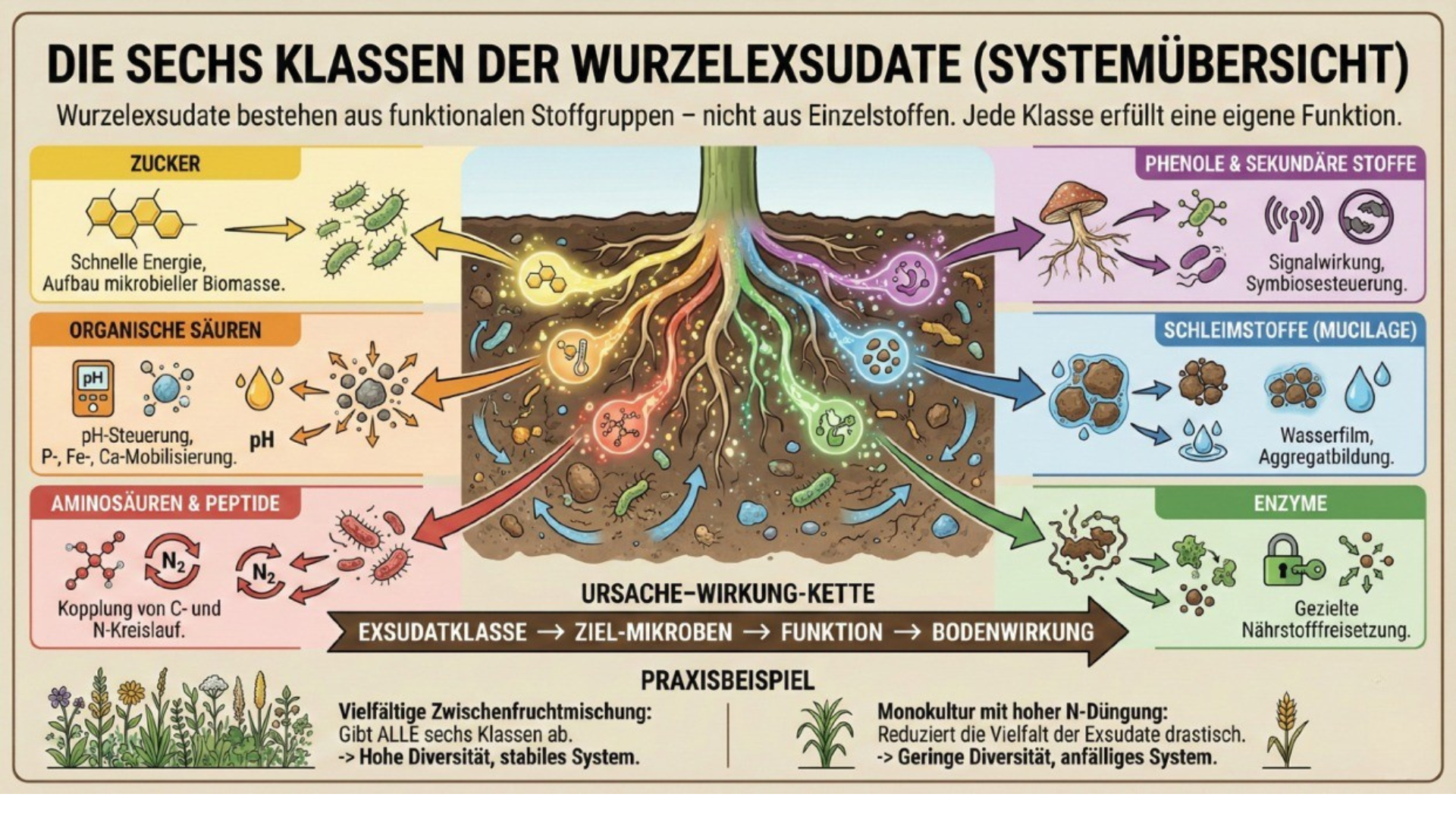 Die sechs Klassen der Wurzelexsudate - Systemübersicht