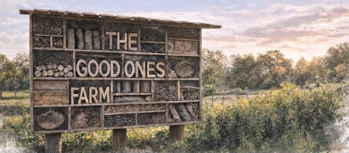 Holzschild „The Good Ones Farm“ in einer Wiese bei Sonnenuntergang