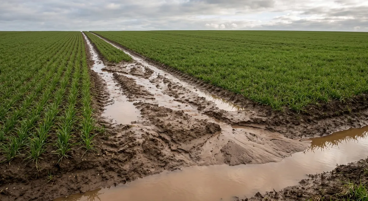 Fahrgasse im Getreide nach Starkregen, Wasser und Boden laufen ab