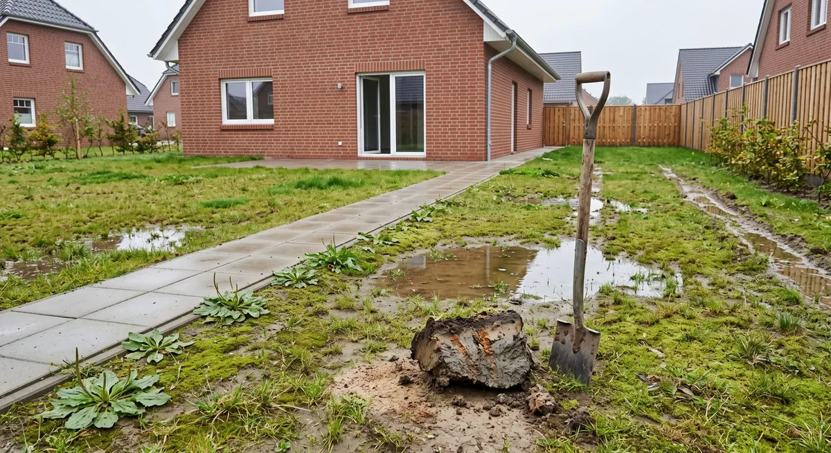 Junger Garten nach dem Hausbau mit Pfützen, Moos und Breitwegerich