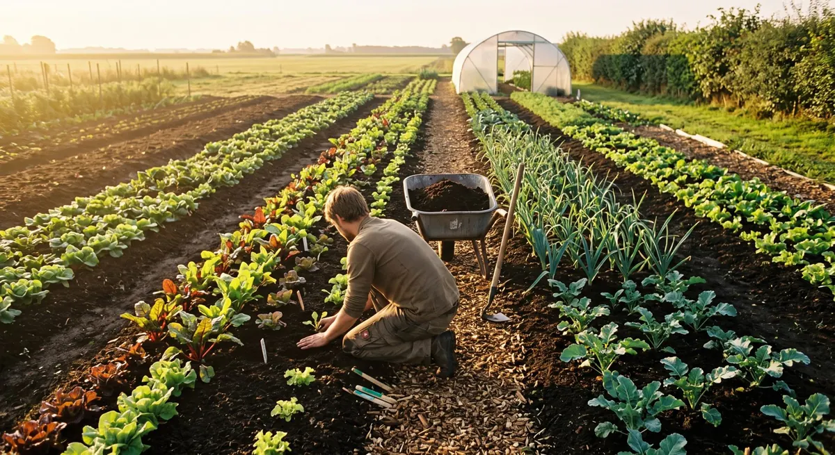 Market Garden mit permanenten Beeten und Holzhäckselwegen