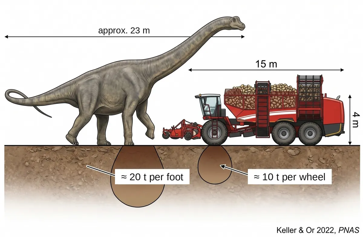 Size comparison: sauropod with about 20 t per foot and a full beet harvester with about 10 t per wheel