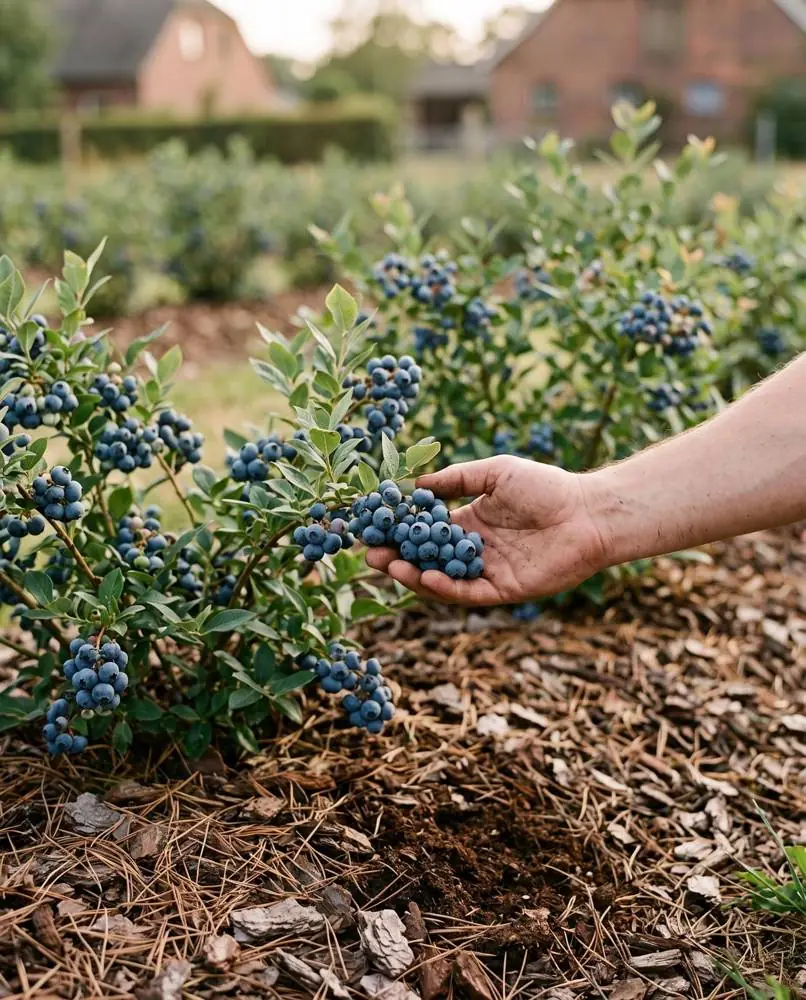 Reife Heidelbeeren an einem Strauch mit Rindenmulch