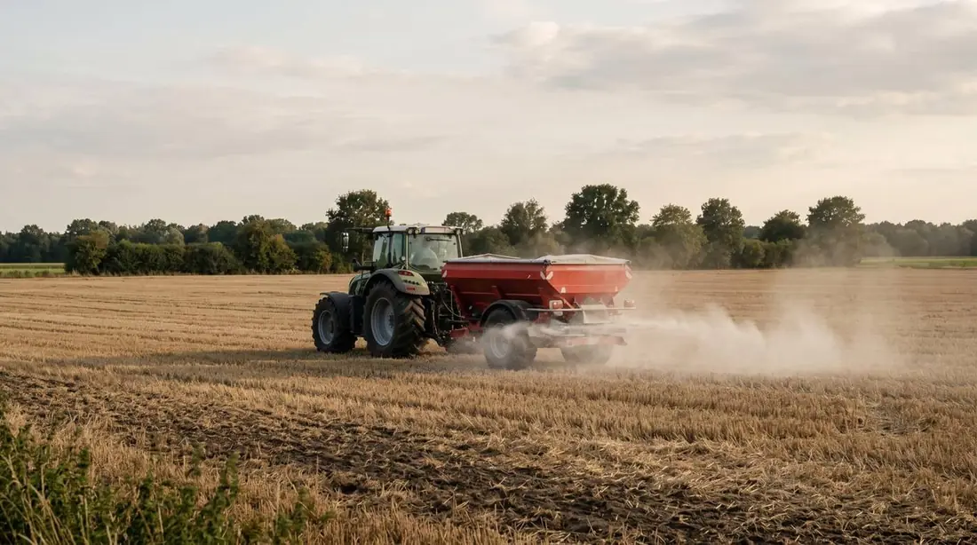 Ein Traktor mit Streuer bringt Gesteinsmehl auf einem Stoppelfeld aus