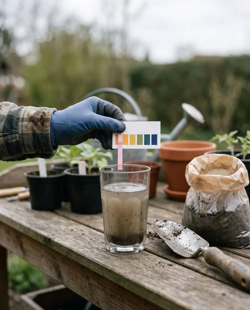 pH-Teststreifen über einem Glas mit Bodenaufschwemmung