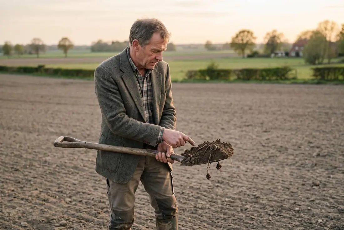 Ein Landwirt prüft krümelige Erde auf seinem Spaten
