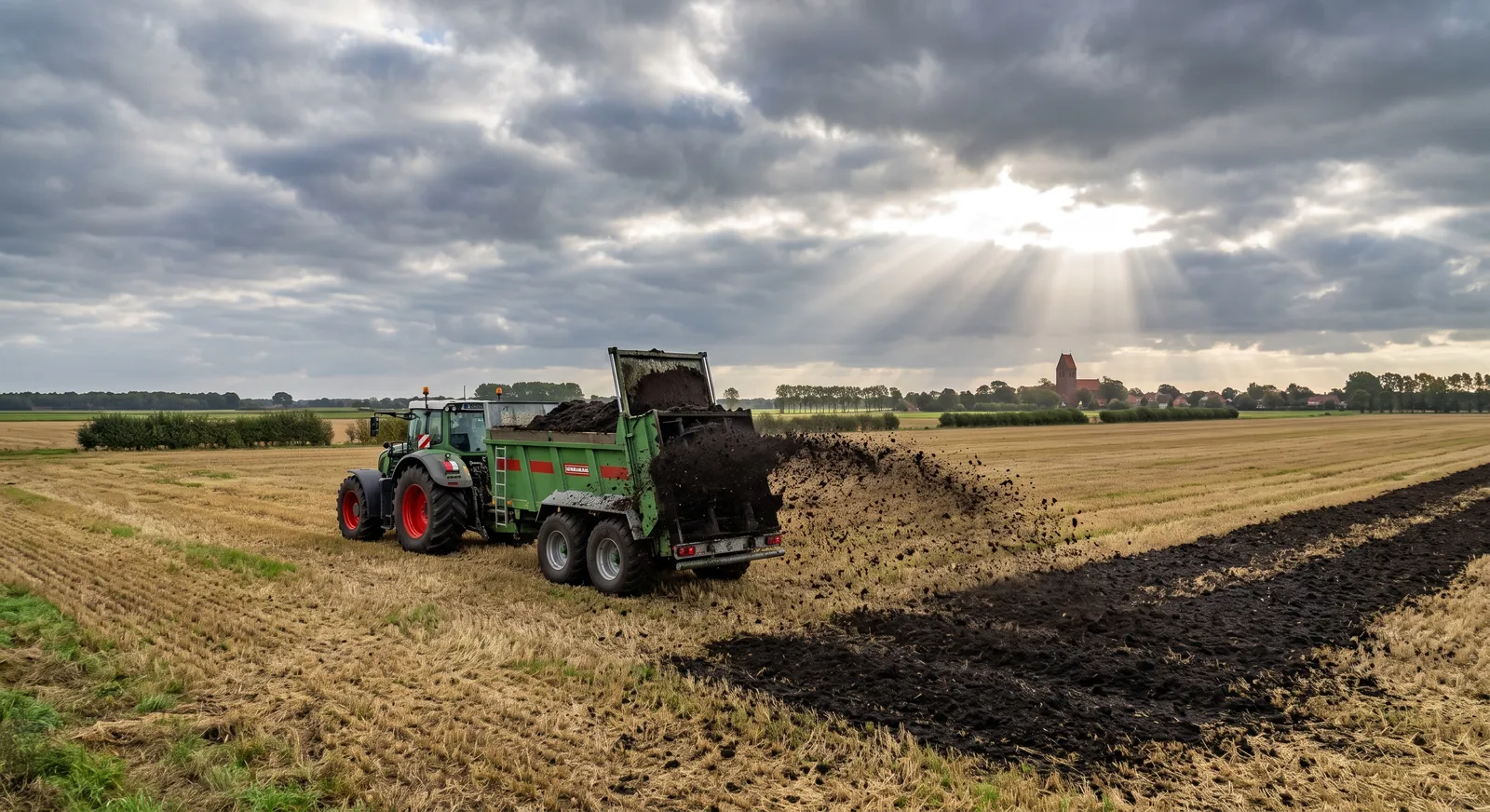 Illustration: Traktor mit Streuer bringt dunkles Substrat auf ein Stoppelfeld aus (KI-generiert)