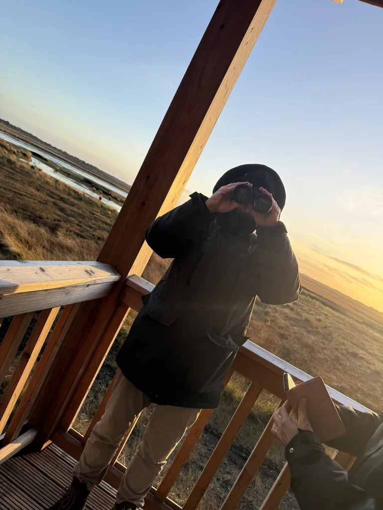 Person mit Fernglas auf einem hölzernen Aussichtsturm bei Sonnenuntergang